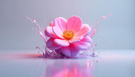 Pink flower blossom with water splashes on glossy surfaceの写真素材