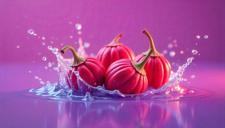 Red autumn gourds in water with splash effect studioの写真素材