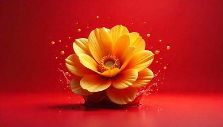 Dramatic bloom with fluid bursts against crimson backdrop