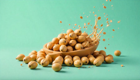 Still life of pile of nuts in wooden bowlの写真素材
