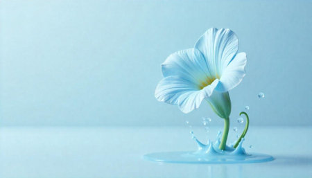 Abstract light blue flower emerging from water pool artworkの写真素材