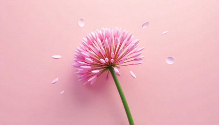 Pink Allium flower blossom with petals on pink backgroundの写真素材