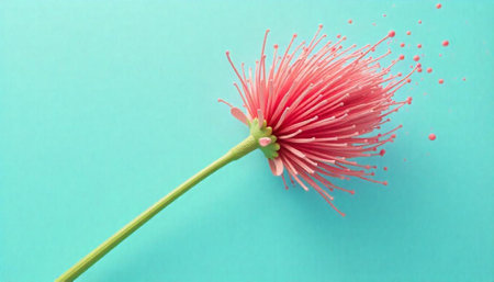 Abstract flower with radiating filaments against a cyan background