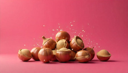 Pile of decorative acorns on pink background with sparkles