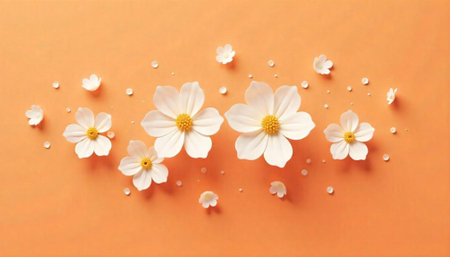 Minimalist floral arrangement of white blossoms on peach backdropの写真素材