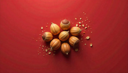 Chestnuts arranged centrally on a deep red colored surface