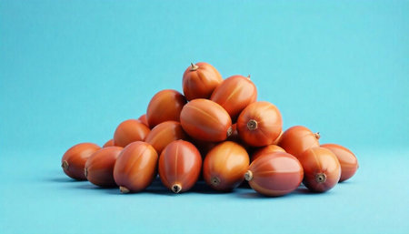 Pile of tamarillo fruits on blue background studio shotの写真素材