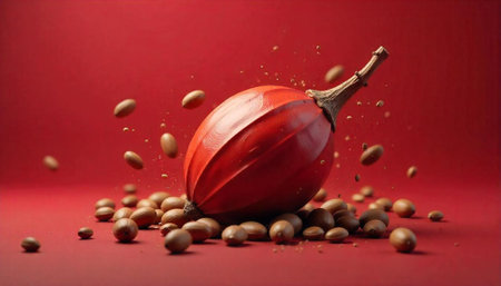 Elegant cocoa pod and beans on matching red background