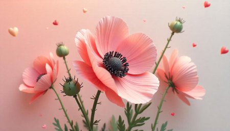 Pastel poppies and hearts against a soft background backdropの写真素材