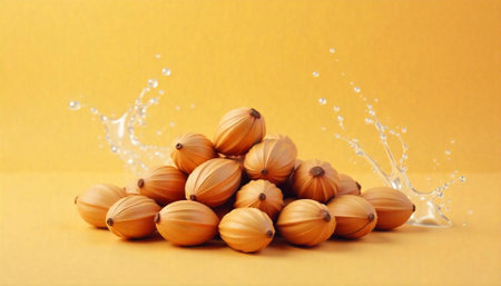 Pile of golden colored gooseberries with water splash effect