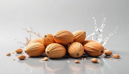 Pile of fresh almonds with water splash on grey surface