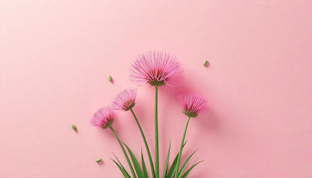 Pink echinacea flowers arrangement on pink paper backgroundの写真素材
