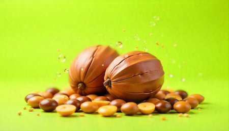 Shea nuts and shea butter on green background