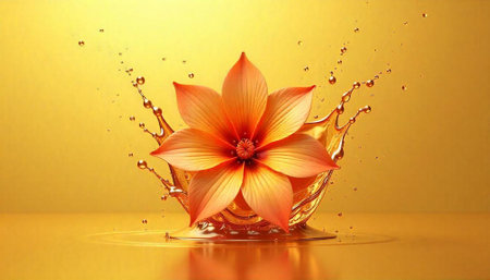 Floral Blossom emerging from shimmering golden liquid background