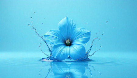 Blue flower with water droplets in a monochromatic sceneの写真素材