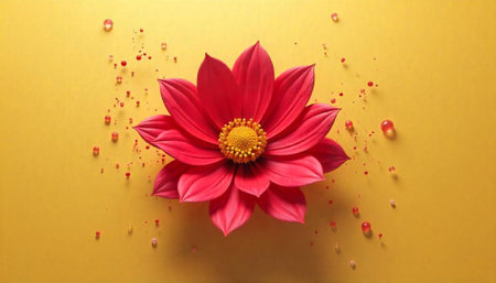 Vibrant flower art with water droplets on yellow backgroundの写真素材