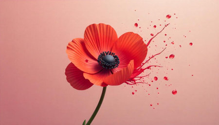 Vibrant poppy flower with expressive paint splatters on pink backdropの写真素材