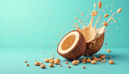 Coconut halves splashing liquid on a light blue backgroundの写真素材