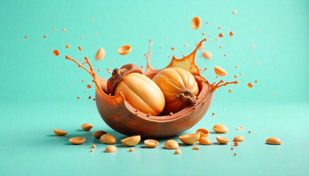 Pumpkins and seeds in splash on pastel backgroundの写真素材