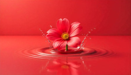 Red flower with yellow center dropping into waterの写真素材