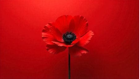 Vibrant red poppy flower against a simple red backgroundの写真素材