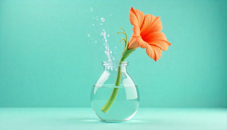 Elegant orange flower in vase with water droplets isolatedの写真素材