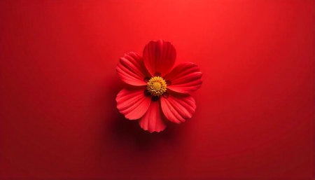 Single red flower with yellow center on red backgroundの写真素材