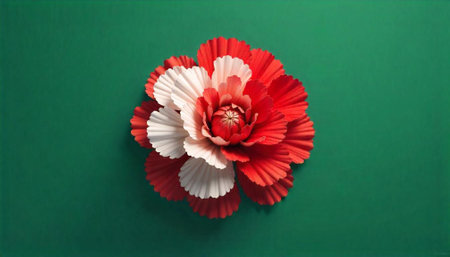 Minimalist red and white paper flower on green background