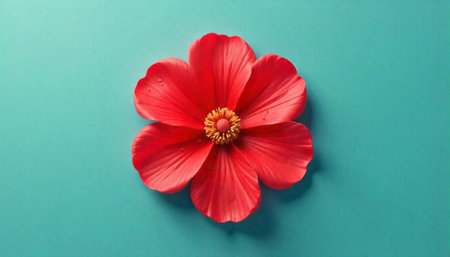 Vibrant red flower with yellow center on turquoise backdropの写真素材