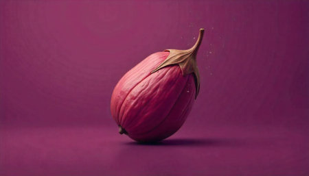 Single eggplant lying on magenta background showcasing produce freshnessの写真素材
