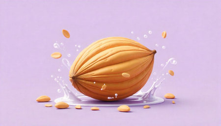 Almond in milk splash against pastel purple background