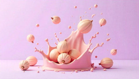 Pastel pumpkins splash in pink liquid on lilac backgroundの写真素材