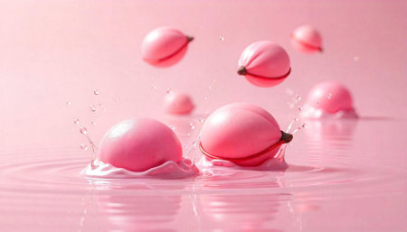 Pink peach shaped spheres in liquid with splashing effects