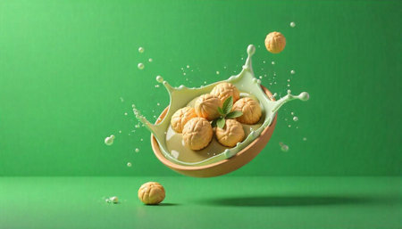 Abstract view of snack in flying bowl with splashesの写真素材