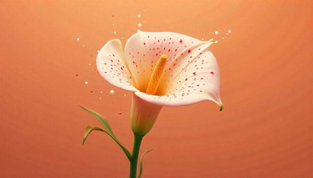 Elegant calla lily with peach backdrop and floating spheresの写真素材