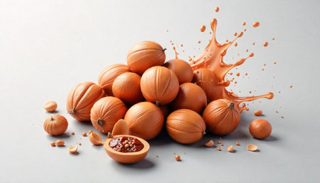 Pile of miniature pumpkins with orange liquid splash artの写真素材