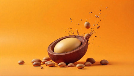 Cracked chocolate egg with almond explosion on orange backdrop