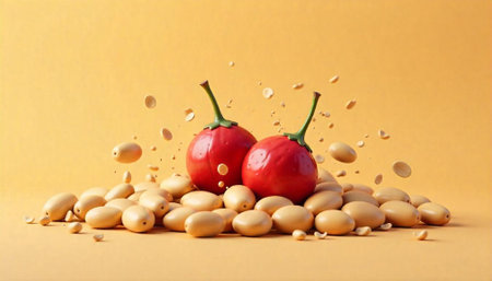 Artistic arrangement of red peppers and seeds on surfaceの写真素材