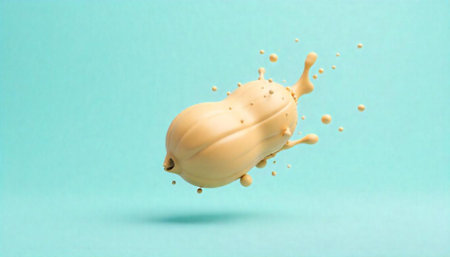 3D rendered peanut with splash effect on light blueの写真素材