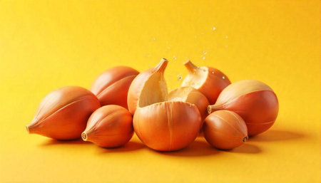 Fresh Onions Stacked on Yellow Backdrop with Water Dropletsの写真素材