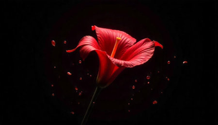 Dramatic close-up of a red flower against black backgroundの写真素材