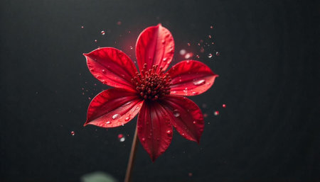 Elegant red flower with water droplets on dark backgroundの写真素材