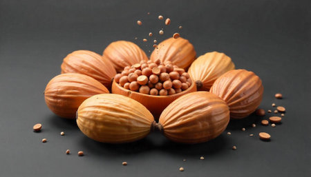 Round nuts surrounding bowl filled with seeds against dark backdrop