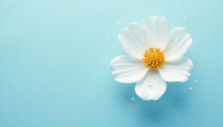 White flower with water droplets on light blue background