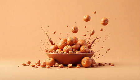 Miniature pumpkins in a bowl with levitating elementsの写真素材