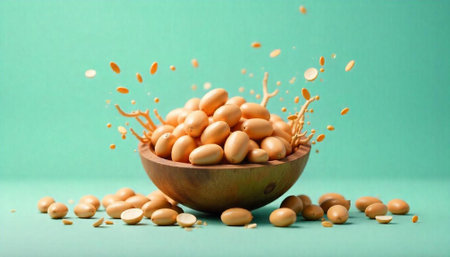 Pile of oval candies in wooden bowl on surfaceの写真素材