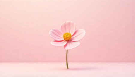 Delicate pink flower with yellow center on pink backdrop