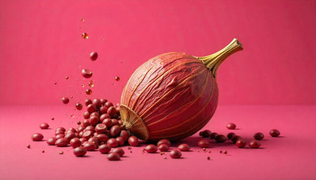Exotic fruit with seeds and water droplets on pinkの写真素材