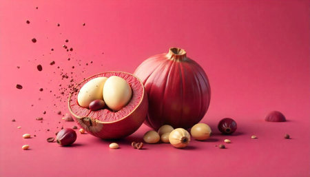 Still life of ripe mangosteen fruit against pink backdrop
