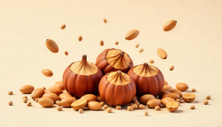 Autumnal harvest of decorative gourds and falling acorn seedsの写真素材